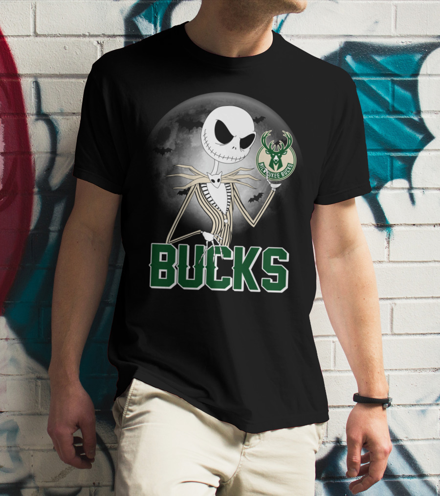 Jack Skellington Halloween Milwaukee Bucks Moon Bats T-Shirt