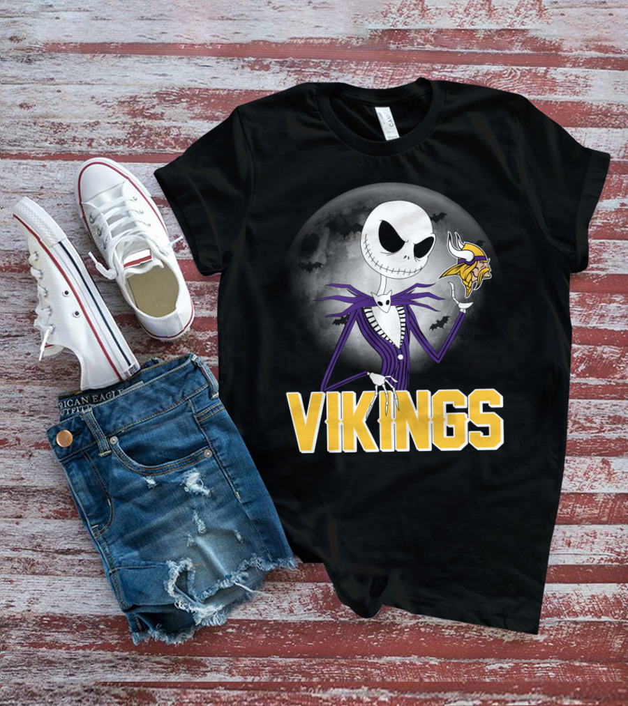 Jack Skellington Vikings Halloween Minnesota Football Theme T-Shirt