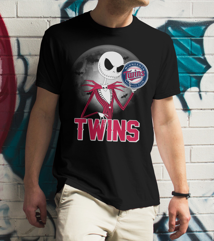 Jack Skellington Halloween Holding Minnesota Twins Baseball Club Logo With Full Moon And Bats In Background T-Shirt