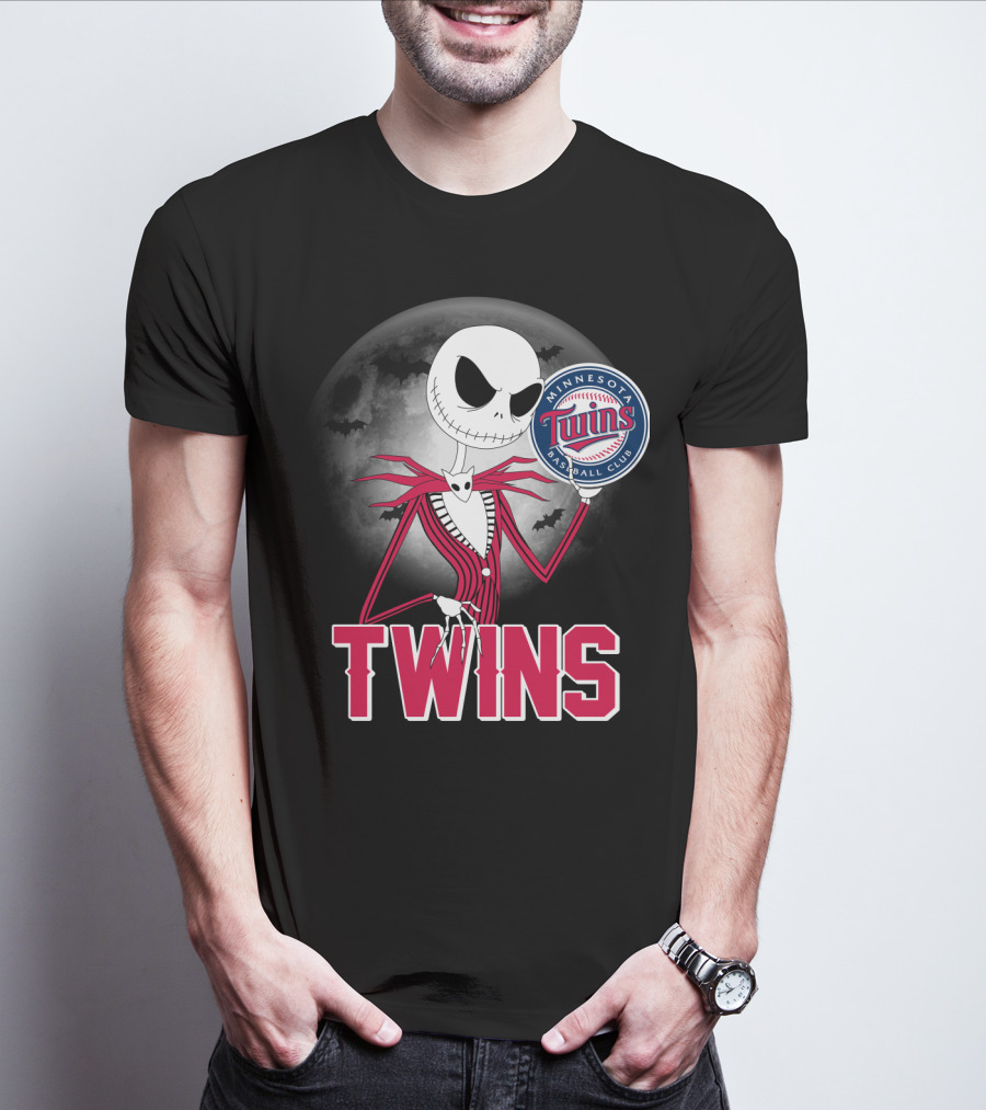 Jack Skellington Halloween Holding Minnesota Twins Baseball Club Logo With Full Moon And Bats In Background T-Shirt