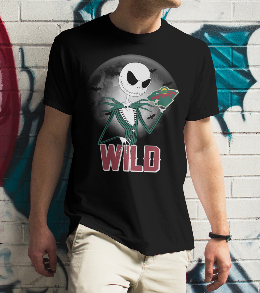 Jack Skellington Halloween Moon And Minnesota Wild Logo Spooky T-Shirt