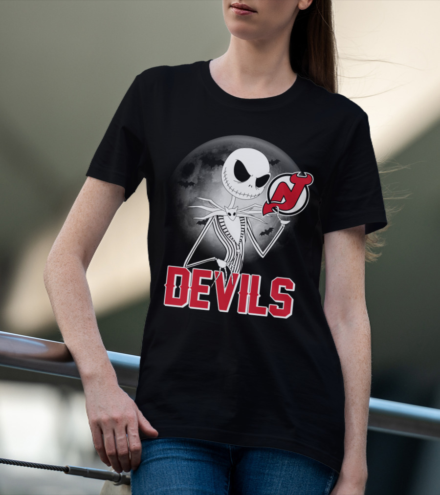 Jack Skellington Halloween Meets New Jersey Devils Moonlit Night T-Shirt
