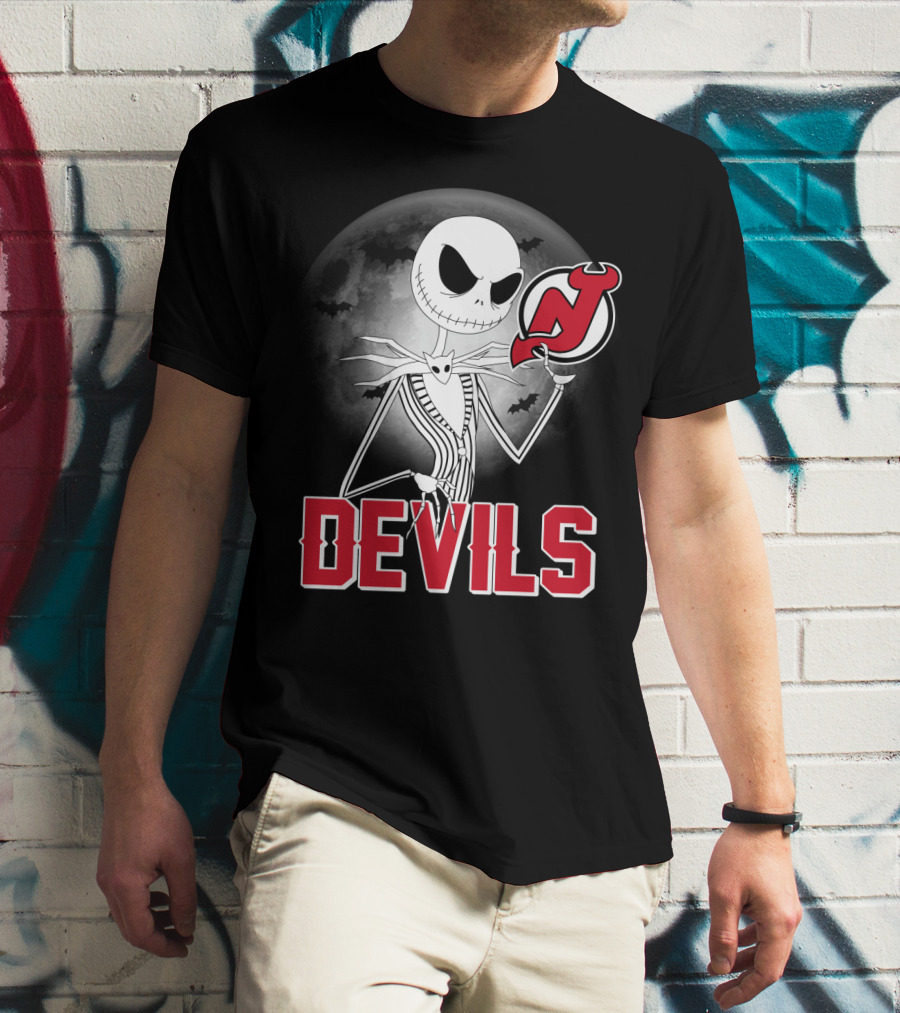 Jack Skellington Halloween Meets New Jersey Devils Moonlit Night T-Shirt