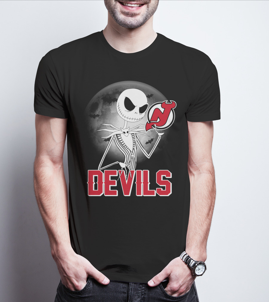 Jack Skellington Halloween Meets New Jersey Devils Moonlit Night T-Shirt