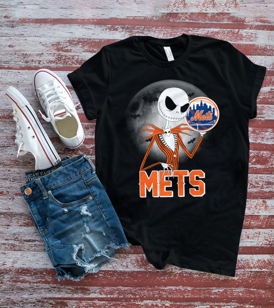 Jack Skellington Mets Baseball Halloween Moon T-Shirt