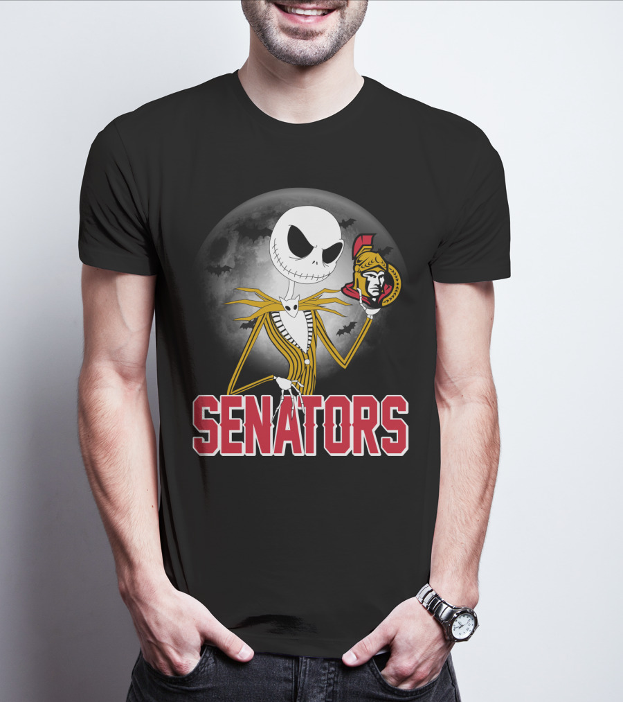 Jack Skellington Ottawa Senators Halloween Crossover With Moon And Bats Background T-Shirt