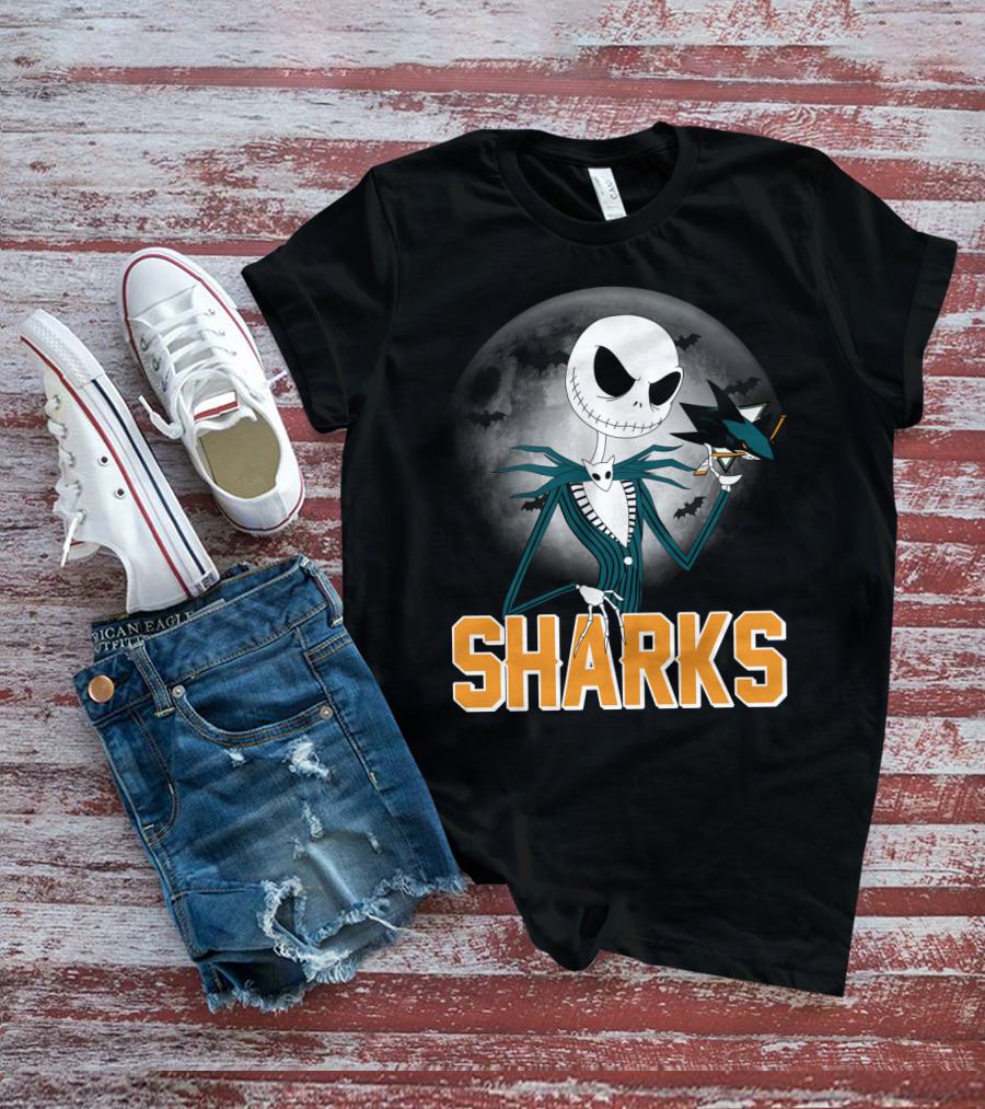 Jack Skellington San Jose Sharks Halloween Moon Background T-Shirt