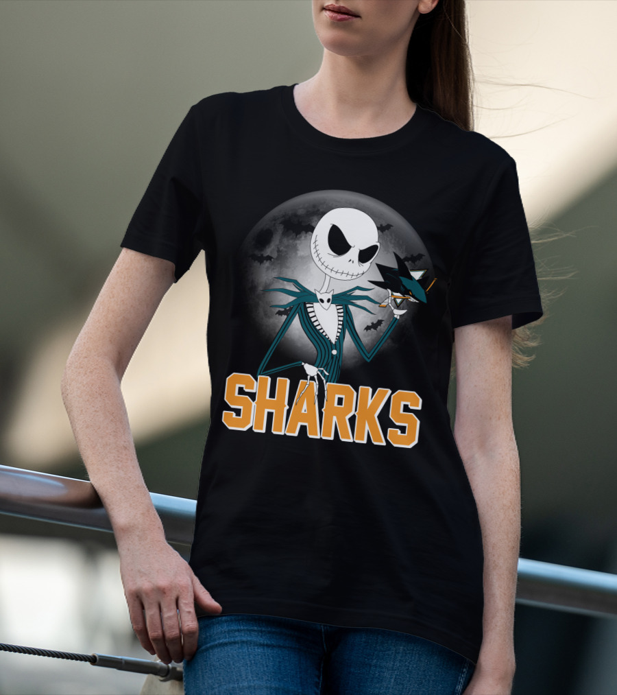 Jack Skellington San Jose Sharks Halloween Moon Background T-Shirt
