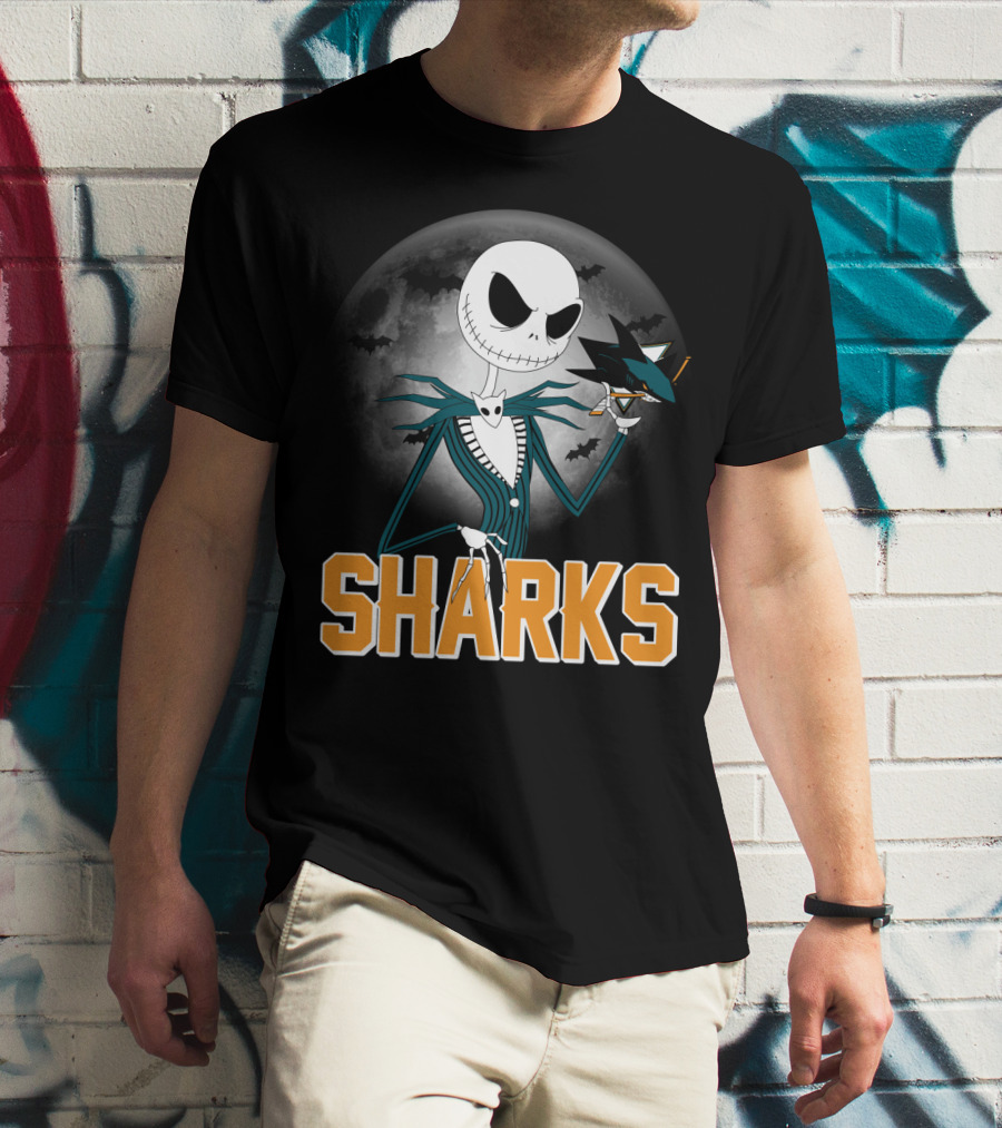 Jack Skellington San Jose Sharks Halloween Moon Background T-Shirt