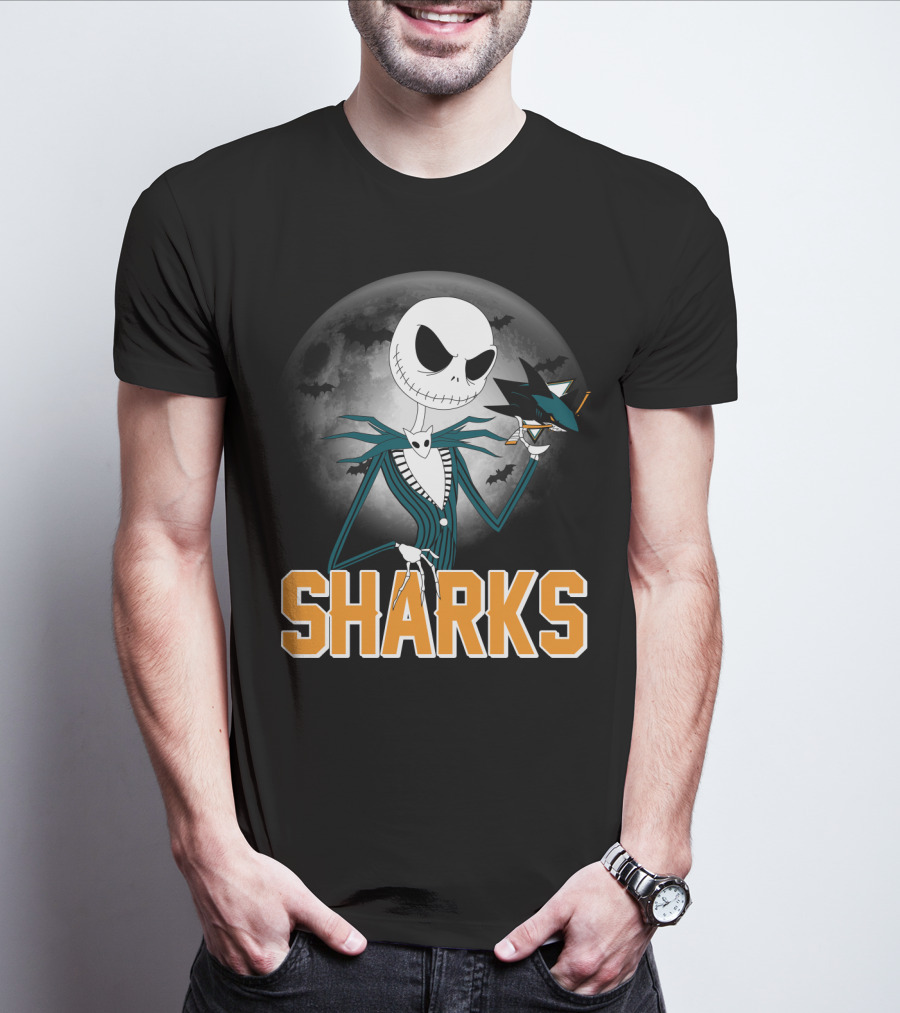 Jack Skellington San Jose Sharks Halloween Moon Background T-Shirt