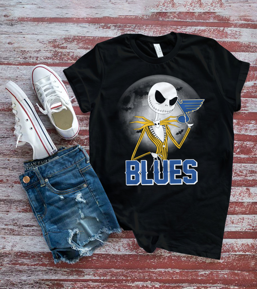 Jack Skellington Holding St. Louis Blues Logo With Halloween Moon Background T-Shirt