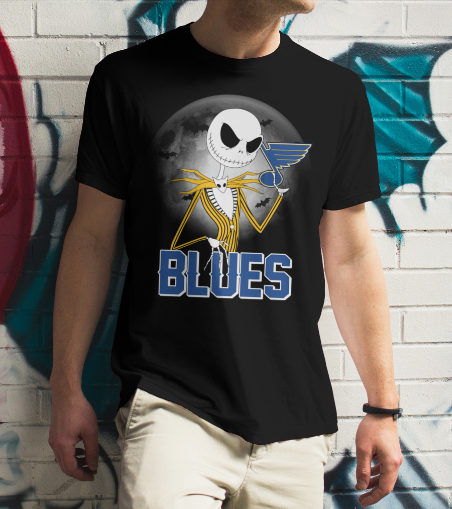 Jack Skellington Holding St. Louis Blues Logo With Halloween Moon Background T-Shirt