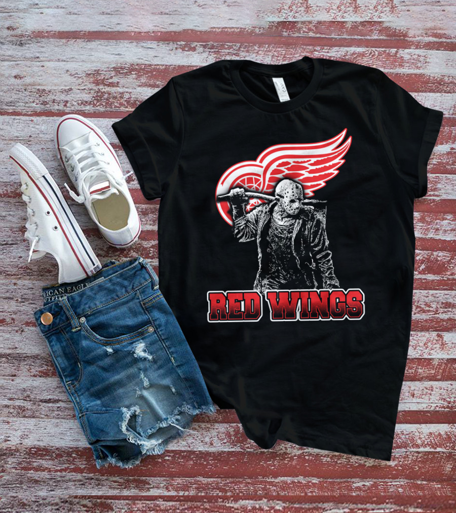 Jason Voorhees With Hockey Mask And Machete In Front Of Detroit Red Wings Logo Text Red Wings T-Shirt