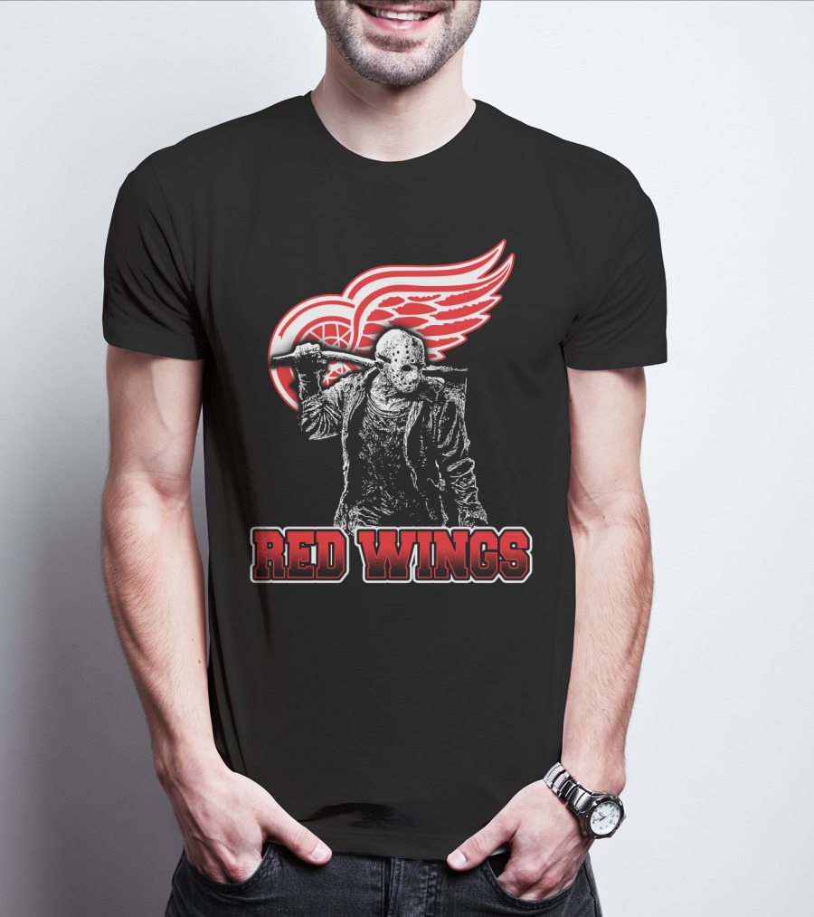 Jason Voorhees With Hockey Mask And Machete In Front Of Detroit Red Wings Logo Text Red Wings T-Shirt