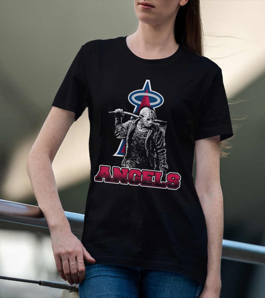 Jason Voorhees With Baseball Bat And Los Angeles Angels Logo Featuring Bold Angels Text T-Shirt