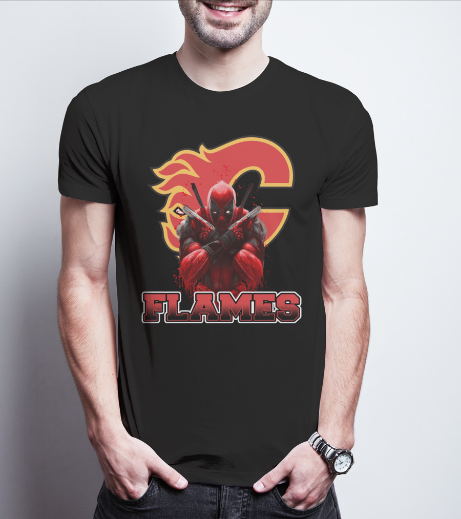 Deadpool Calgary Flames Crossover Fan Tribute T-Shirt