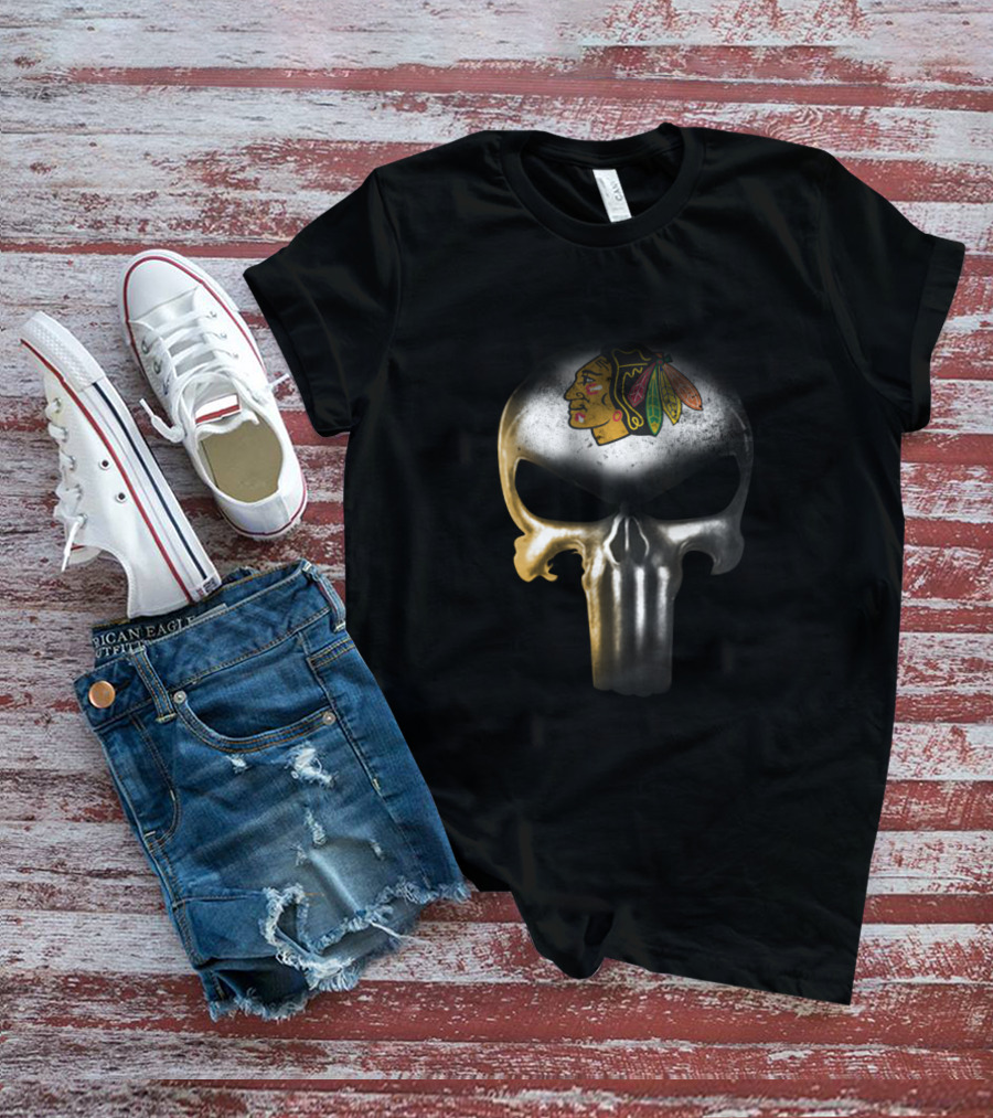 Chicago Blackhawks Fans Punisher Skull Logo Mashup T-Shirt