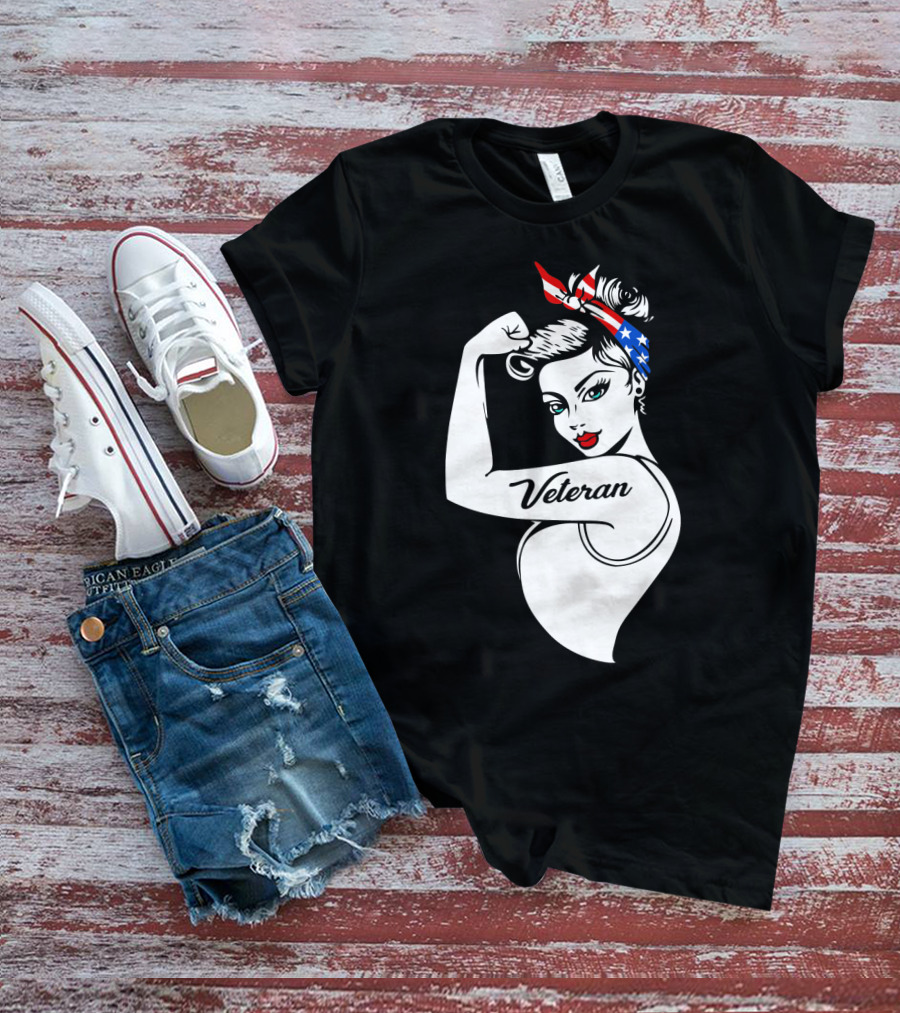 Veteran Strong Woman With Patriotic Headband Rosie The Riveter Style T-Shirt