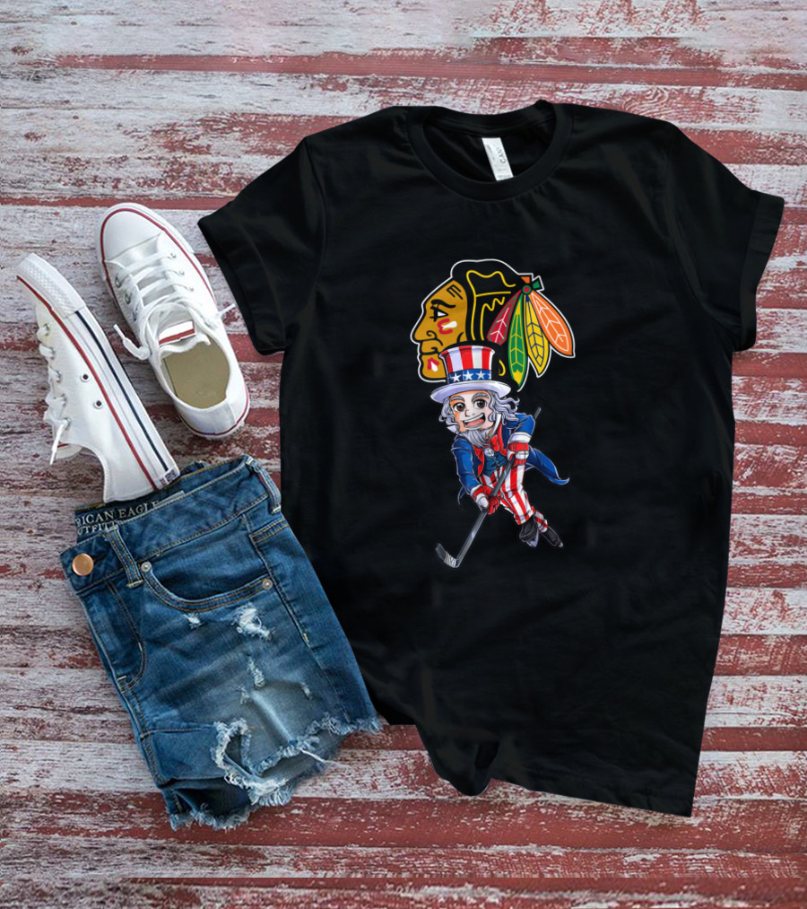 Uncle Sam Playing Hockey With Chicago Blackhawks For 4Th Of July Celebration T-Shirt