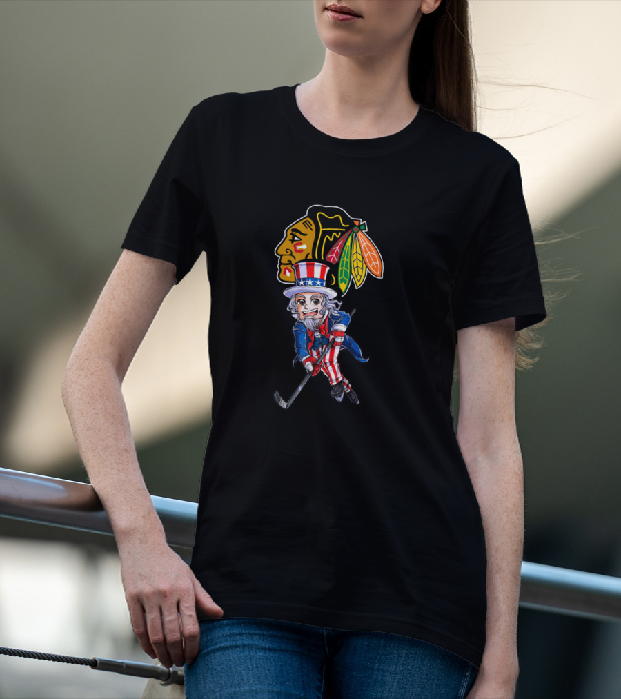 Uncle Sam Playing Hockey With Chicago Blackhawks For 4Th Of July Celebration T-Shirt