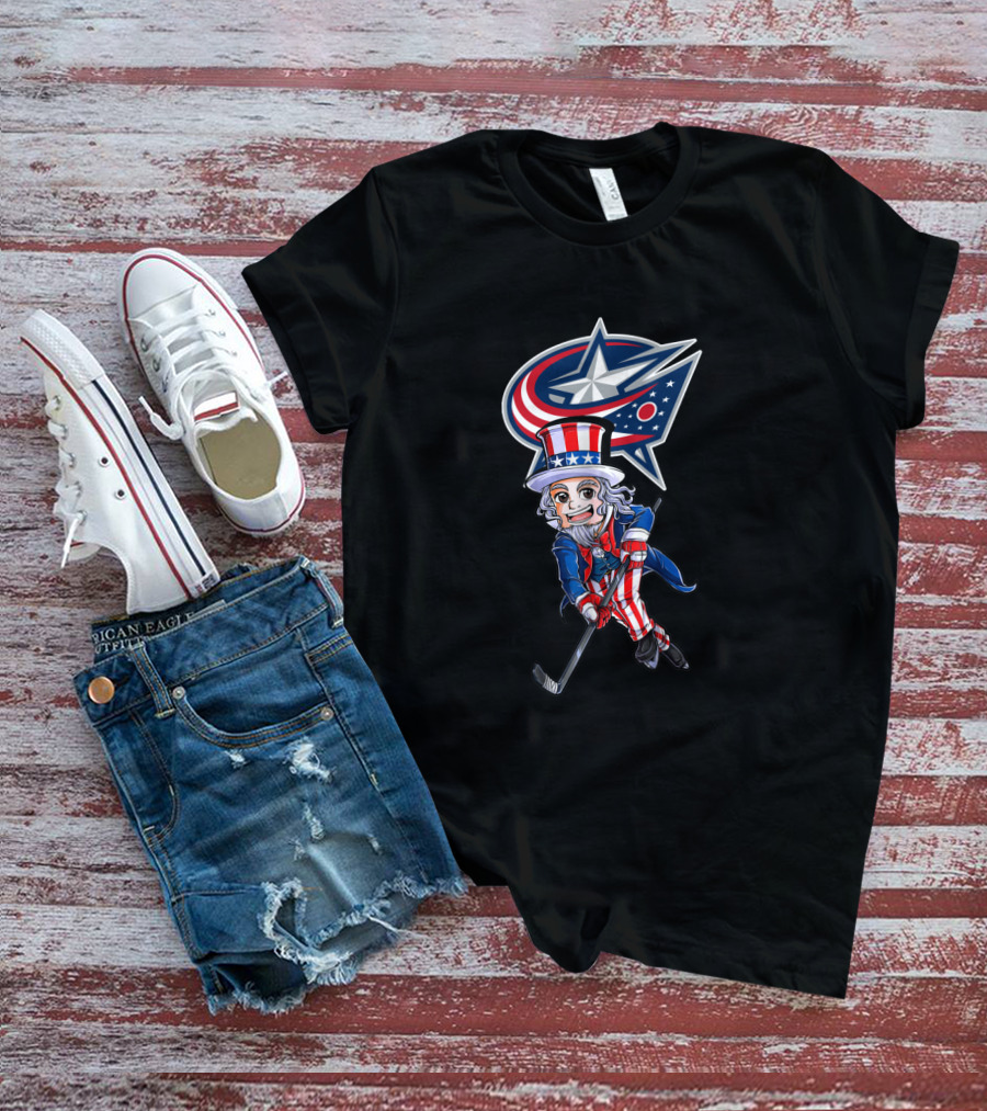 Uncle Sam Playing Hockey With Columbus Blue Jackets For 4Th Of July T-Shirt