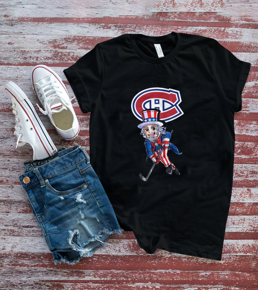 Uncle Sam Playing Hockey With Montreal Canadiens Logo For 4Th Of July Celebration T-Shirt