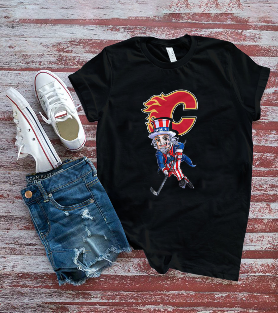 Uncle Sam Playing Hockey With Calgary Flames Emblem For 4Th Of July Celebration T-Shirt
