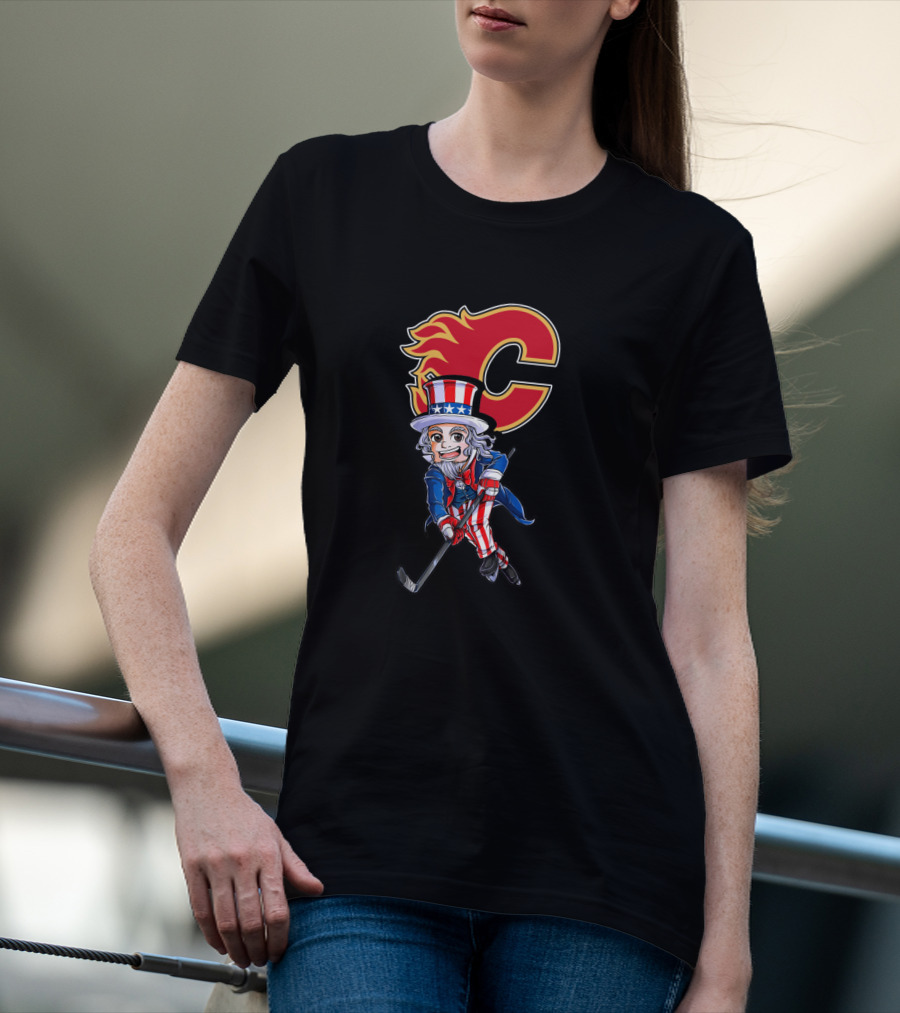Uncle Sam Playing Hockey With Calgary Flames Emblem For 4Th Of July Celebration T-Shirt