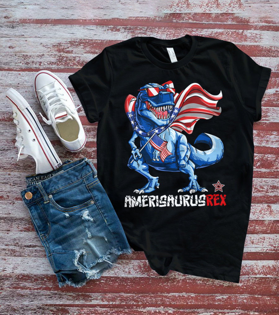 Amerisaurus Rex Dinosaur With Usa Flag And Star Sunglasses For Patriotic 4Th Of July T-Shirt
