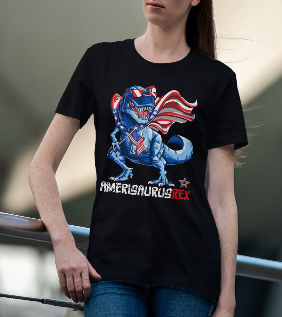 Amerisaurus Rex Dinosaur With Usa Flag And Star Sunglasses For Patriotic 4Th Of July T-Shirt