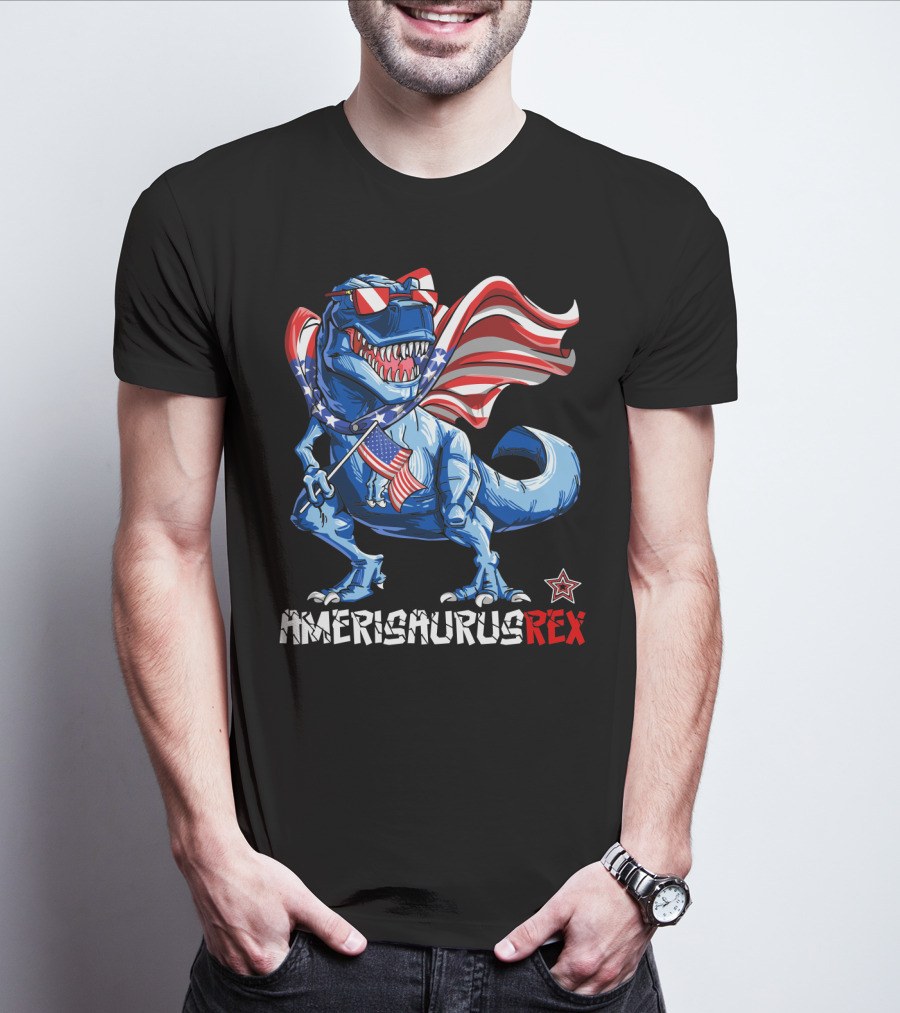 Amerisaurus Rex Dinosaur With Usa Flag And Star Sunglasses For Patriotic 4Th Of July T-Shirt