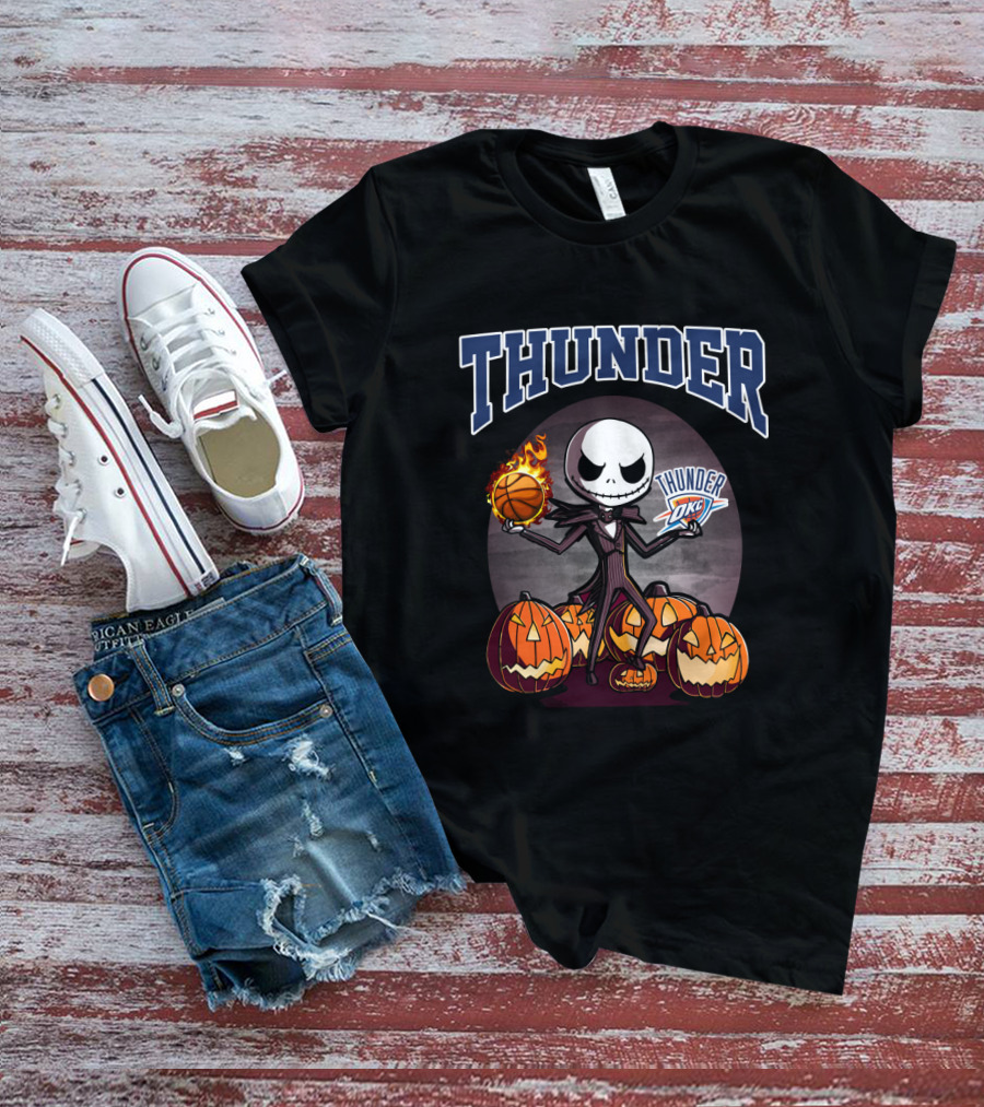 Thunder Jack Skellington Halloween Oklahoma City Thunder Basketball Pumpkins T-Shirt