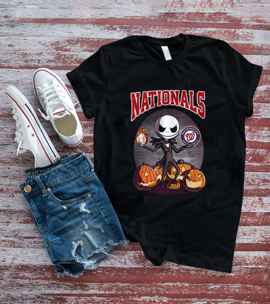 Washington Nationals Halloween Jack Skeleton Baseball Pumpkins T-Shirt