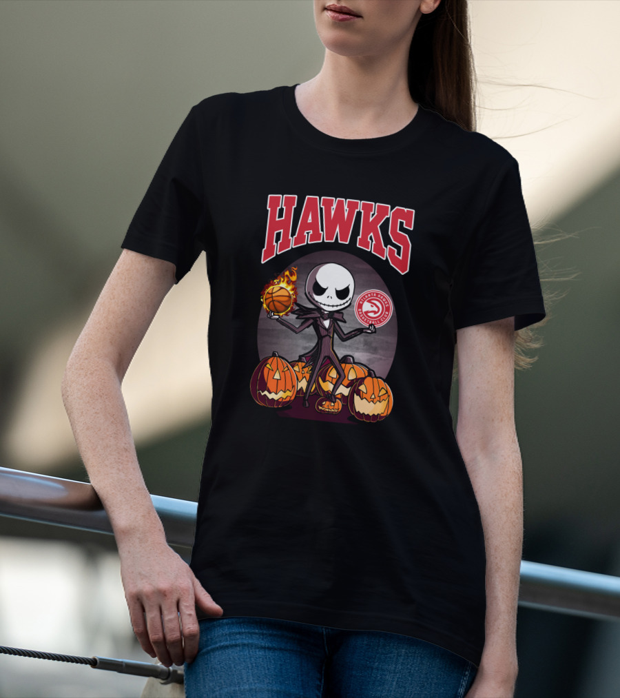 Jack Skellington Halloween Atlanta Hawks Basketball And Pumpkins T-Shirt