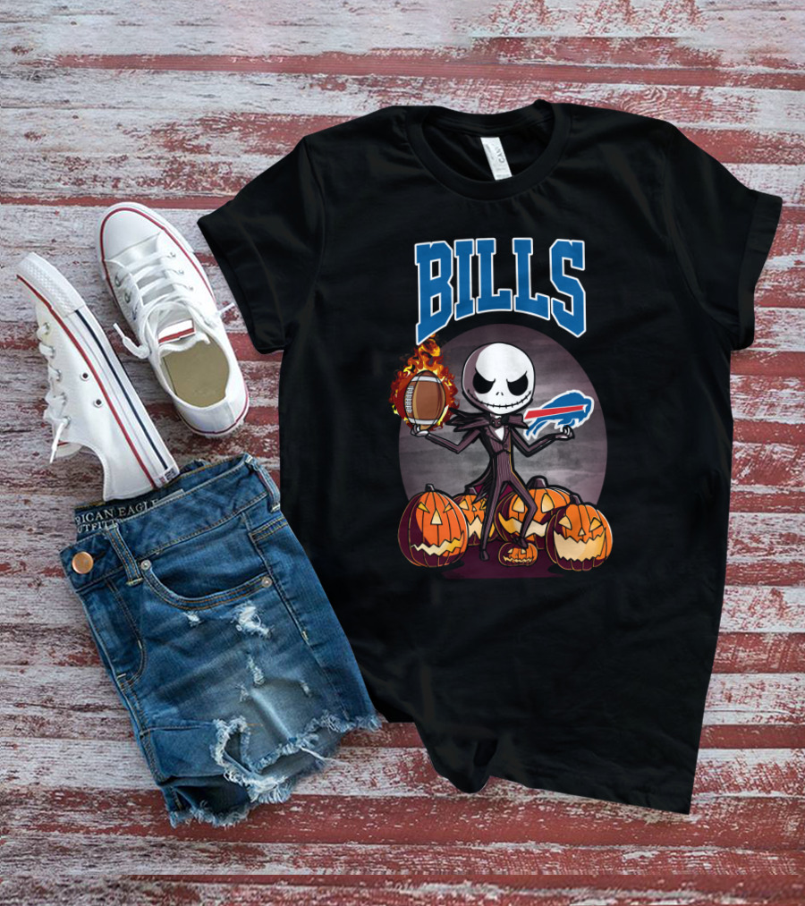 Jack Skellington Buffalo Bills Halloween Pumpkins Football And Flames T-Shirt