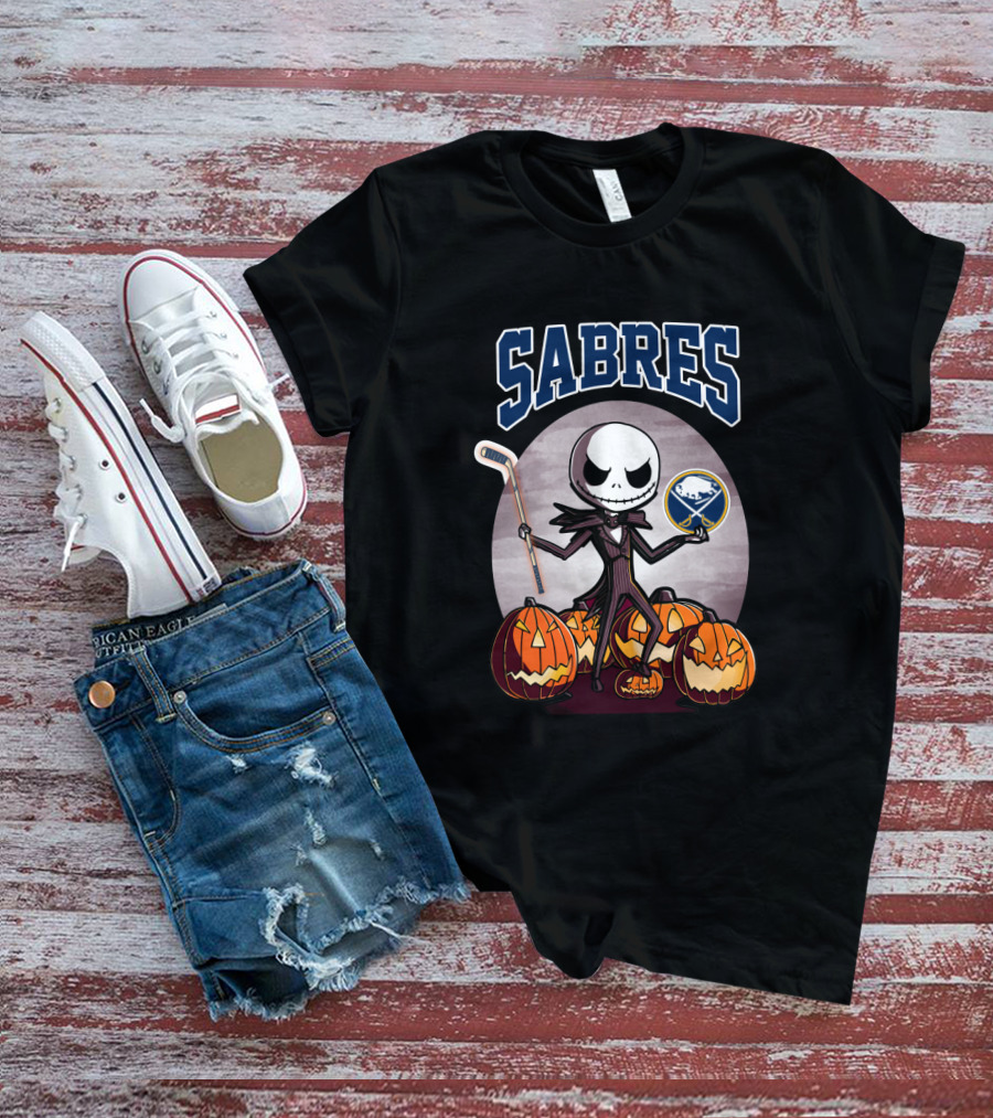 Jack Skellington Halloween Buffalo Sabres Hockey Pumpkins T-Shirt