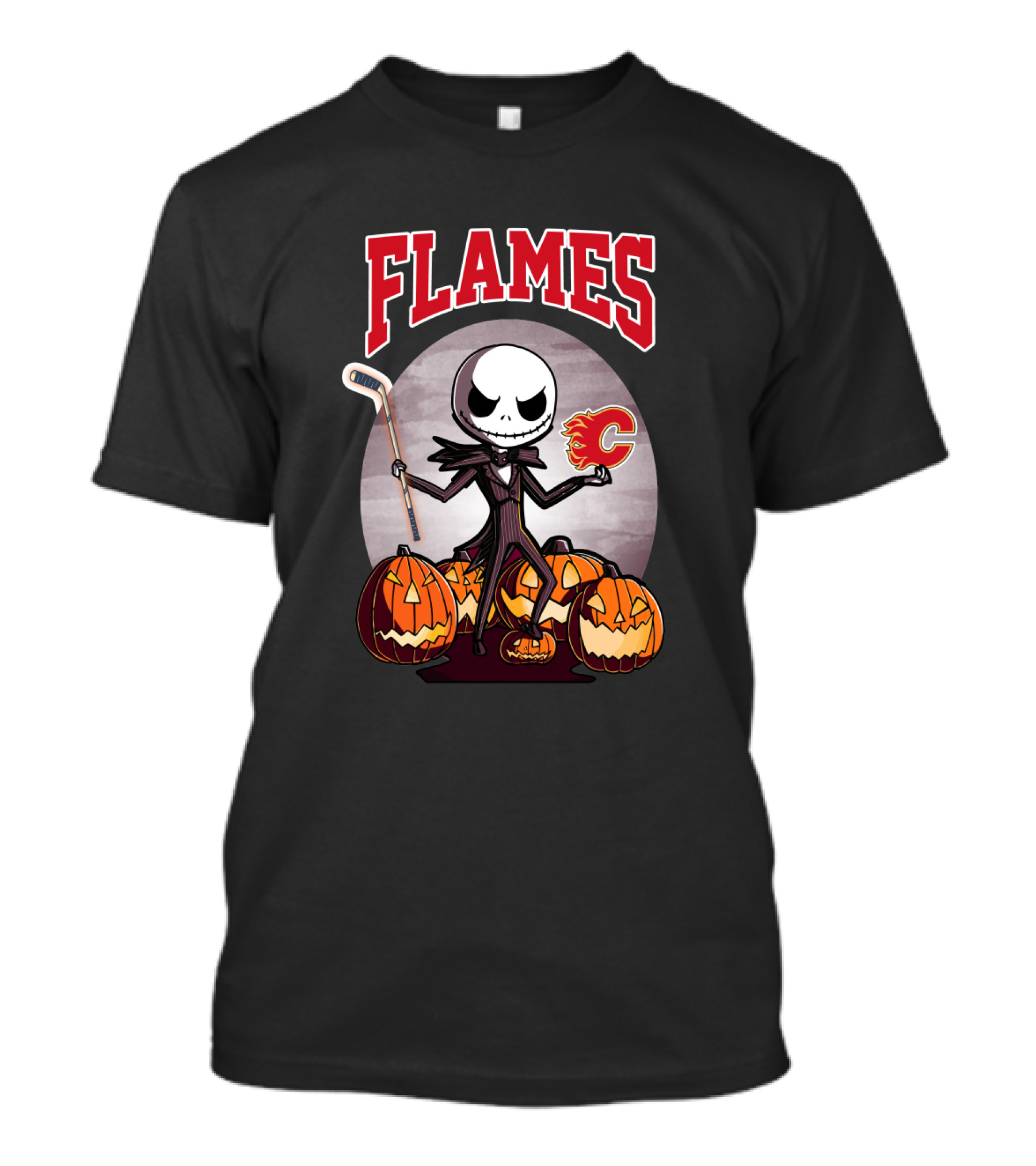 Calgary Flames Jack Skellington Halloween Hockey Pumpkins T-Shirt
