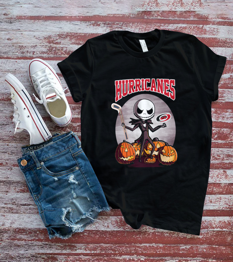 Jack Skellington Carolina Hurricanes Halloween Hockey Pumpkins T-Shirt