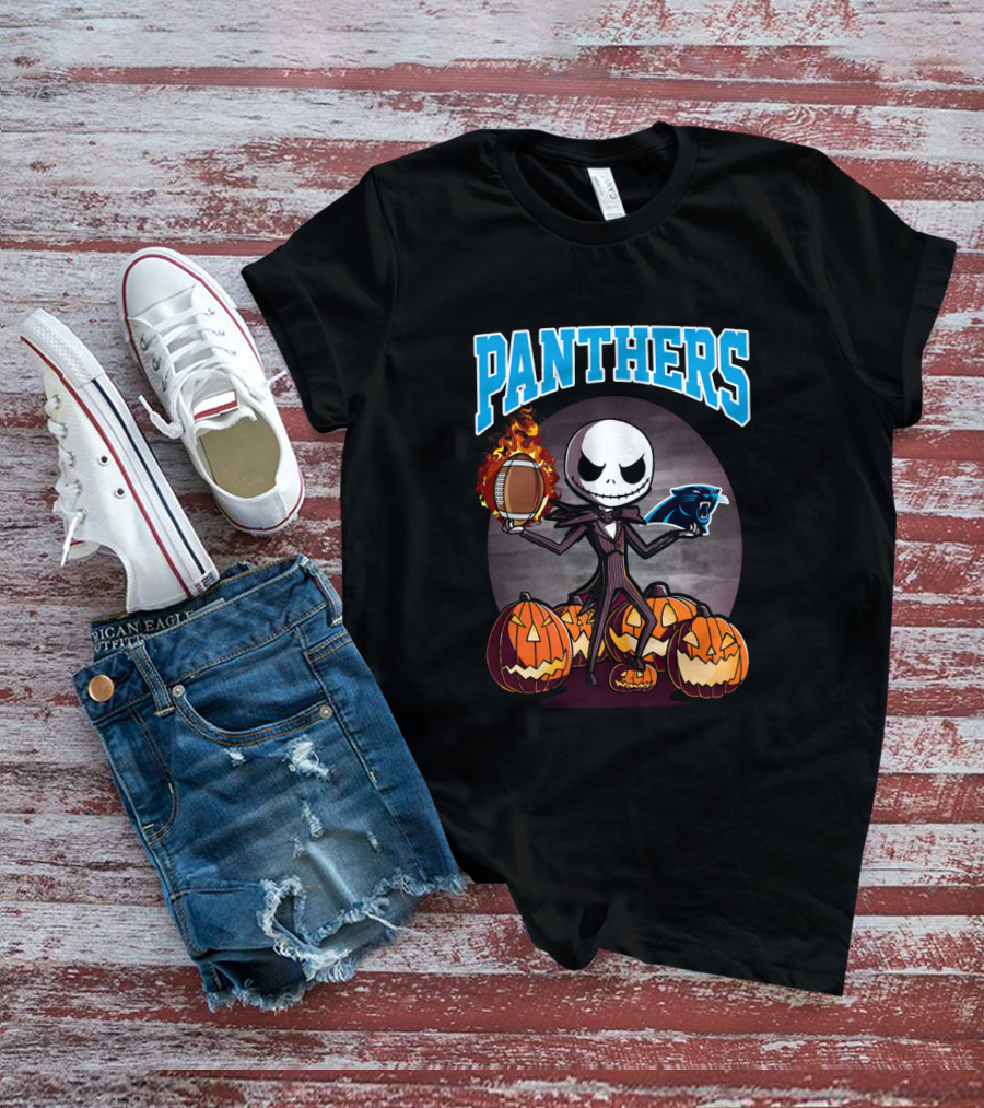 Panthers Halloween Jack Skellington Carolina Football Pumpkins T-Shirt