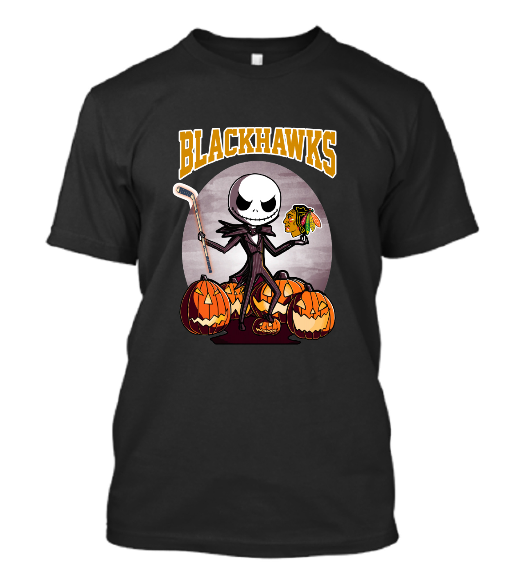 Jack Skellington Holding Chicago Blackhawks Logo Surrounded By Halloween Pumpkins T-Shirt