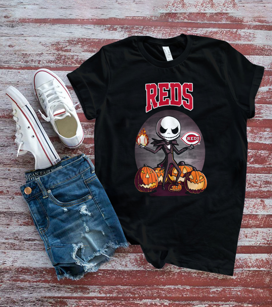 Reds Jack Skellington With Pumpkins And Baseball Cincinnati Halloween T-Shirt
