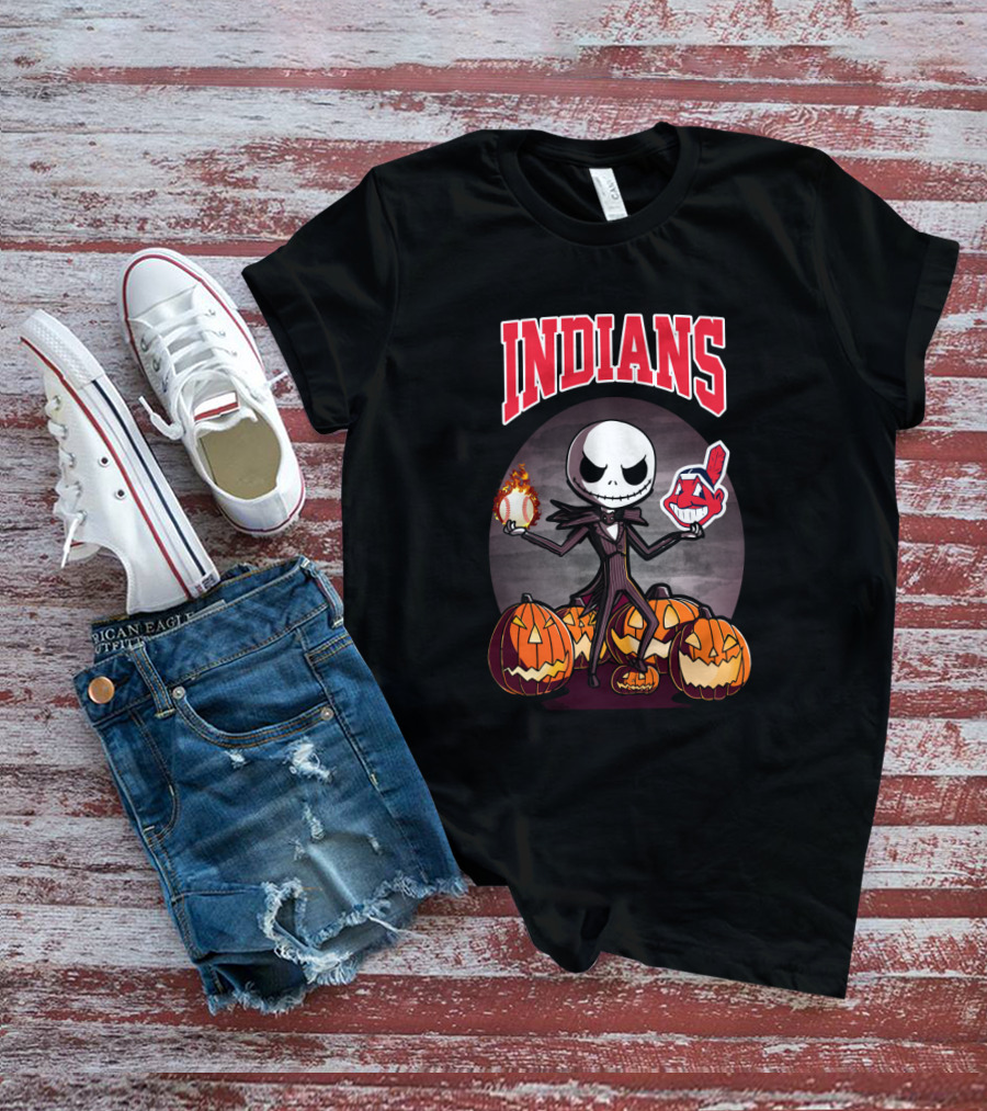 Indians Jack Skellington Halloween Baseball Mashup Pumpkins T-Shirt