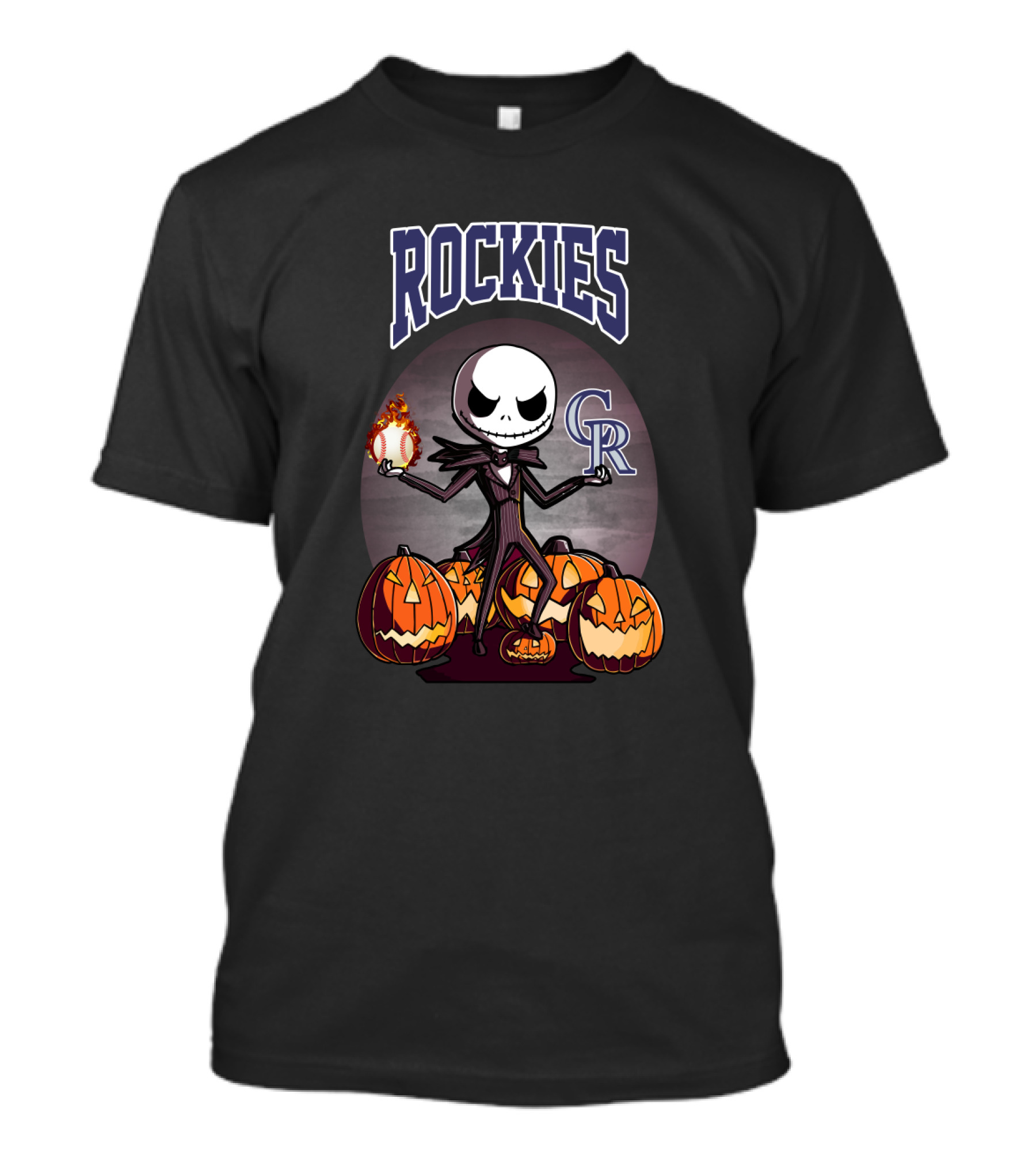 Rockies Halloween Jack Skellington With Colorado Baseball Pumpkins T-Shirt