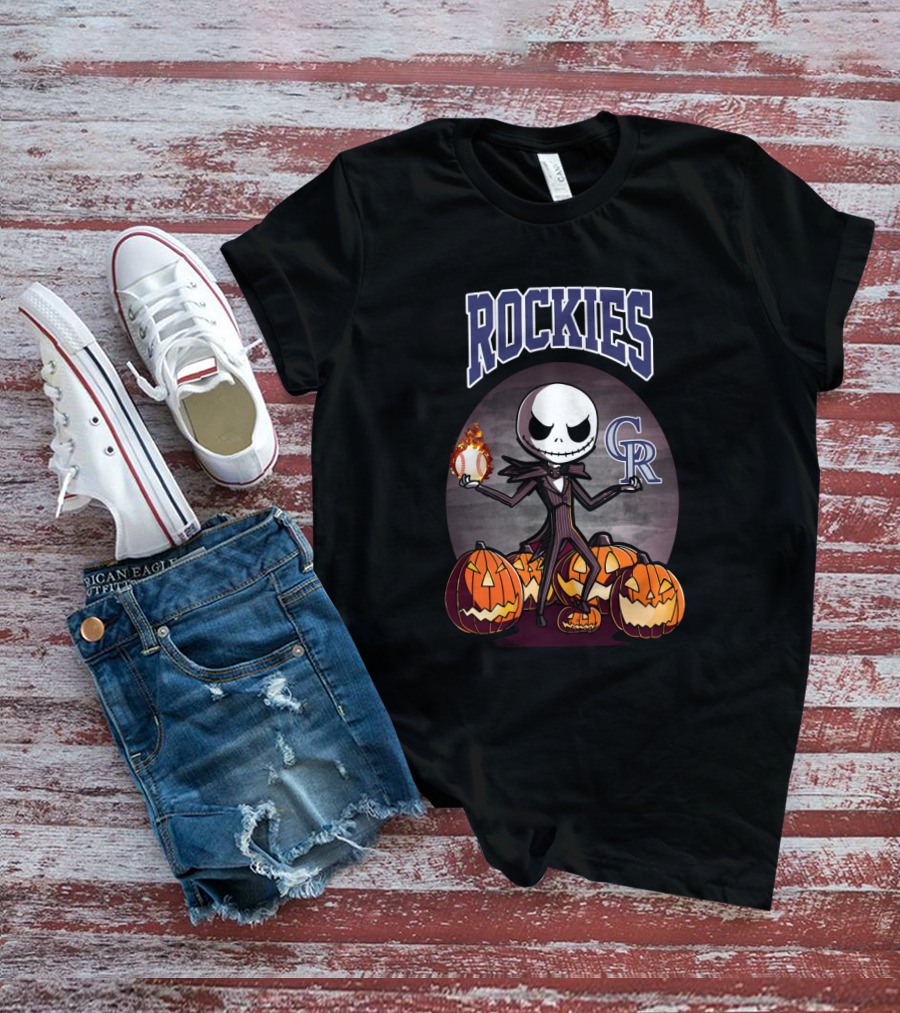 Rockies Halloween Jack Skellington With Colorado Baseball Pumpkins T-Shirt