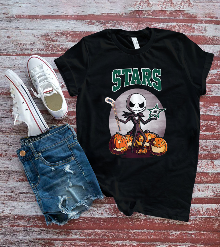 Dallas Stars Halloween Jack Skellington With Hockey Stick And Pumpkins T-Shirt