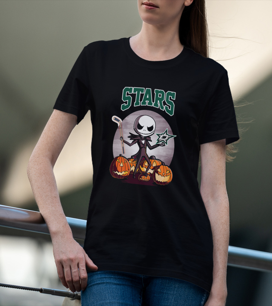 Dallas Stars Halloween Jack Skellington With Hockey Stick And Pumpkins T-Shirt