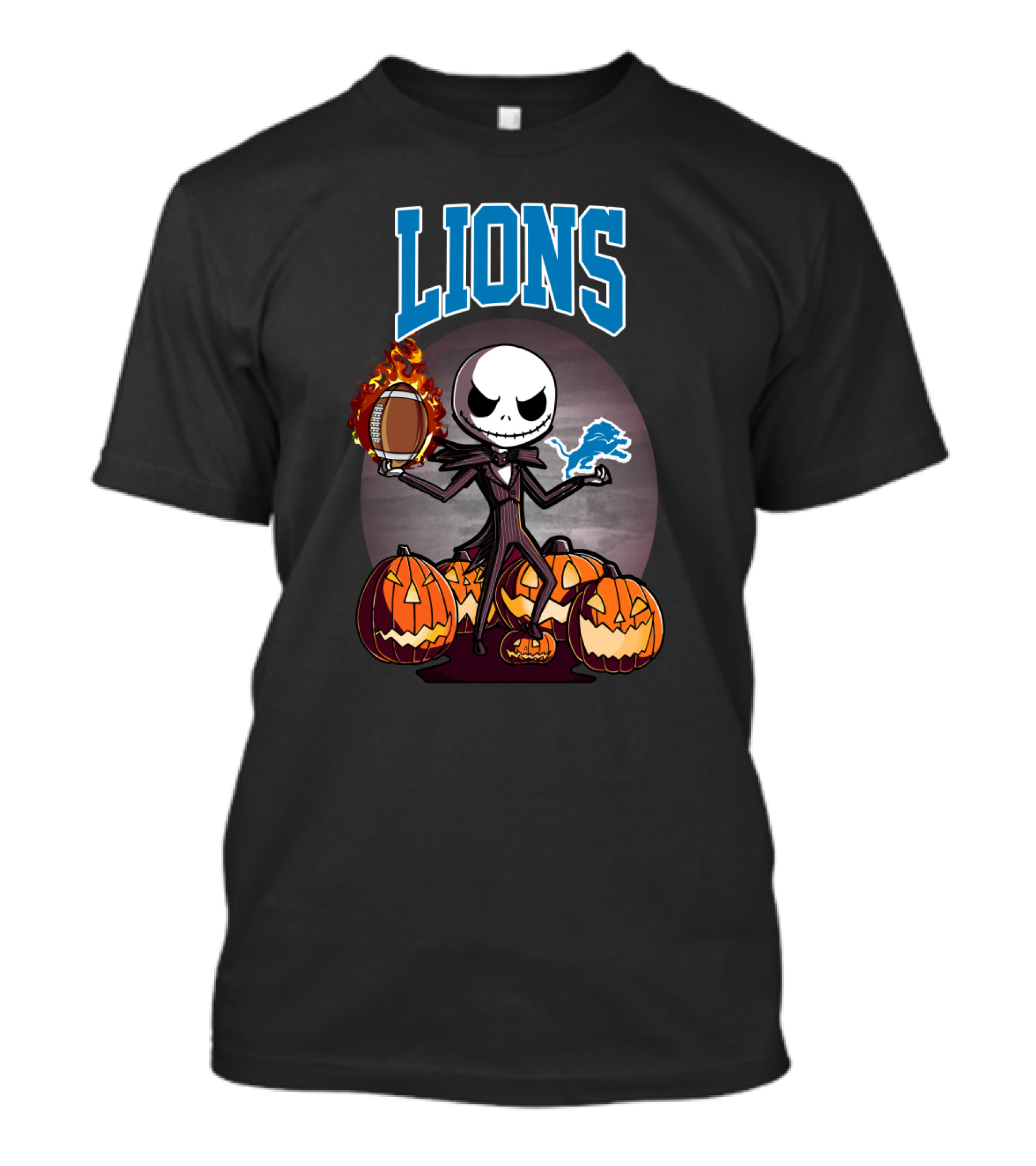 Jack Skellington Detroit Lions Halloween Football With Pumpkins T-Shirt