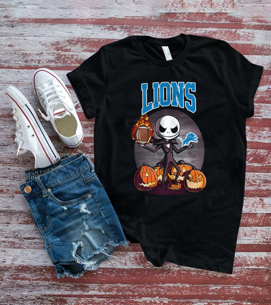 Jack Skellington Detroit Lions Halloween Football With Pumpkins T-Shirt