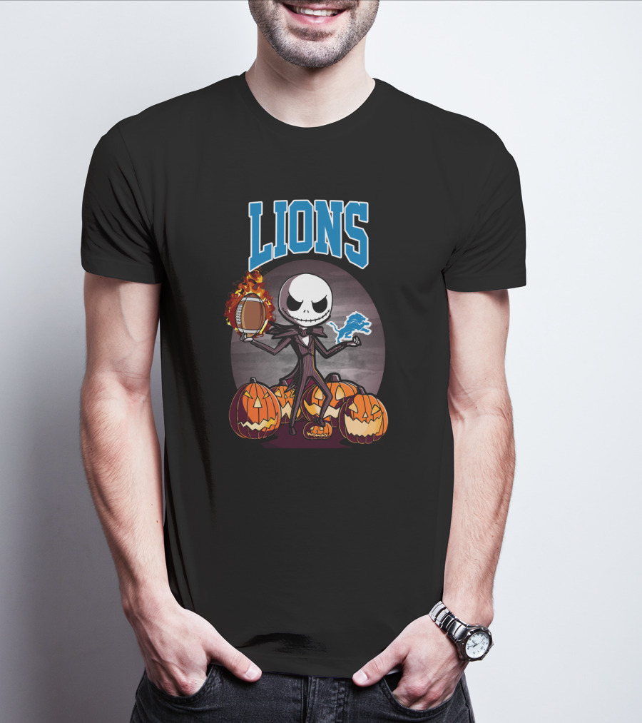Jack Skellington Detroit Lions Halloween Football With Pumpkins T-Shirt