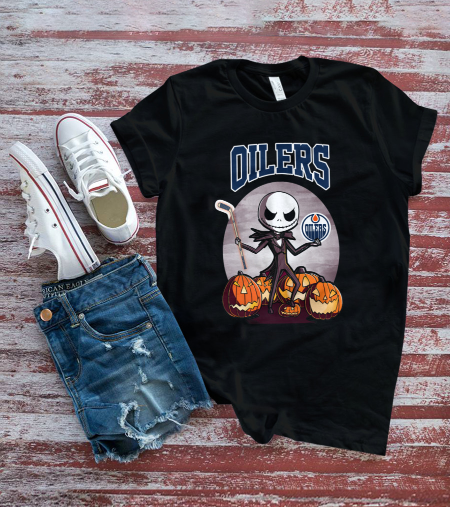 Oilers Jack Skellington Halloween Edmonton Oilers Hockey Pumpkin T-Shirt